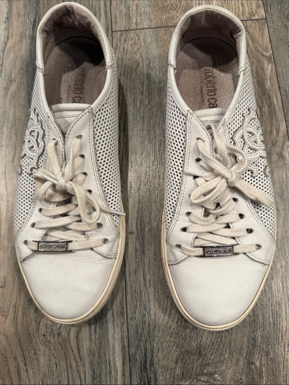 Roberto Cavalli White Perforated Leather Lace-Up Sneaker